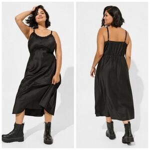 Torrid Plus Tea Length Woven Jacquard Lace Trim Cami Dress Babydoll Black- 14/16